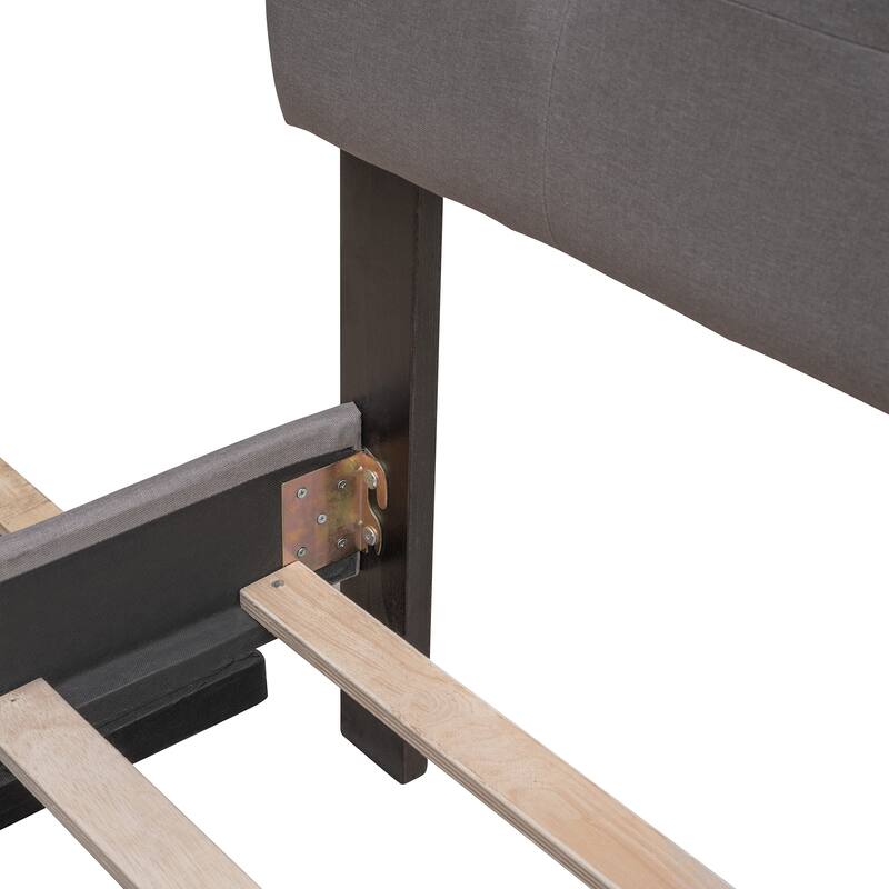 Queen Size Upholstered Platform Bed with 2 Drawers and Twin XL Trundle, Linen Fabric, Light Gray