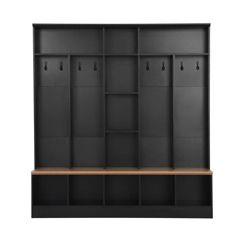 Wide Design Hall Tree with Storage Bench, Shoe Cabinet with Cube Storage & Shelves, Multifunctional Coat Rack with 8 Hooks