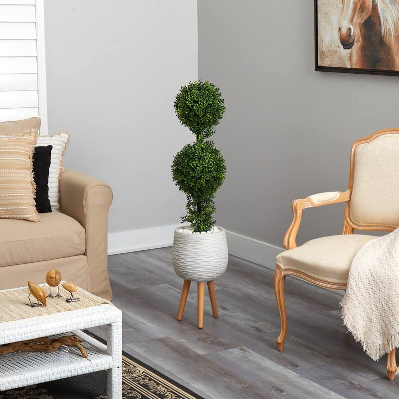 Artificial Topiary Tree - 4ft Double Ball Tree with White Planter & Stand - Indoor Outdoor Decor - Green - 51-60 Inches