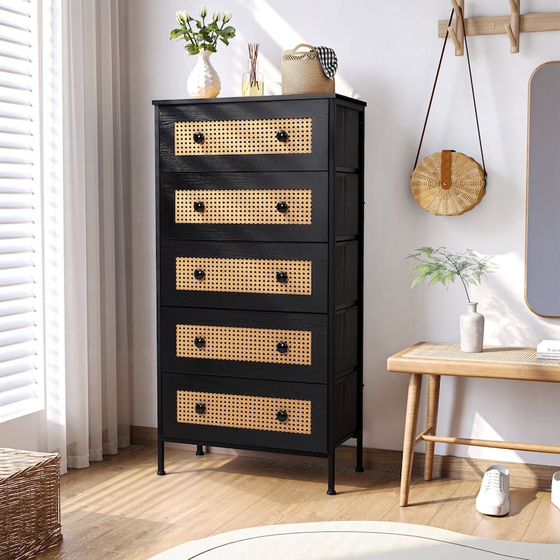 5-Drawer Closet Dresser Chest PE Rattan Storage Tower Organizer Cabinet