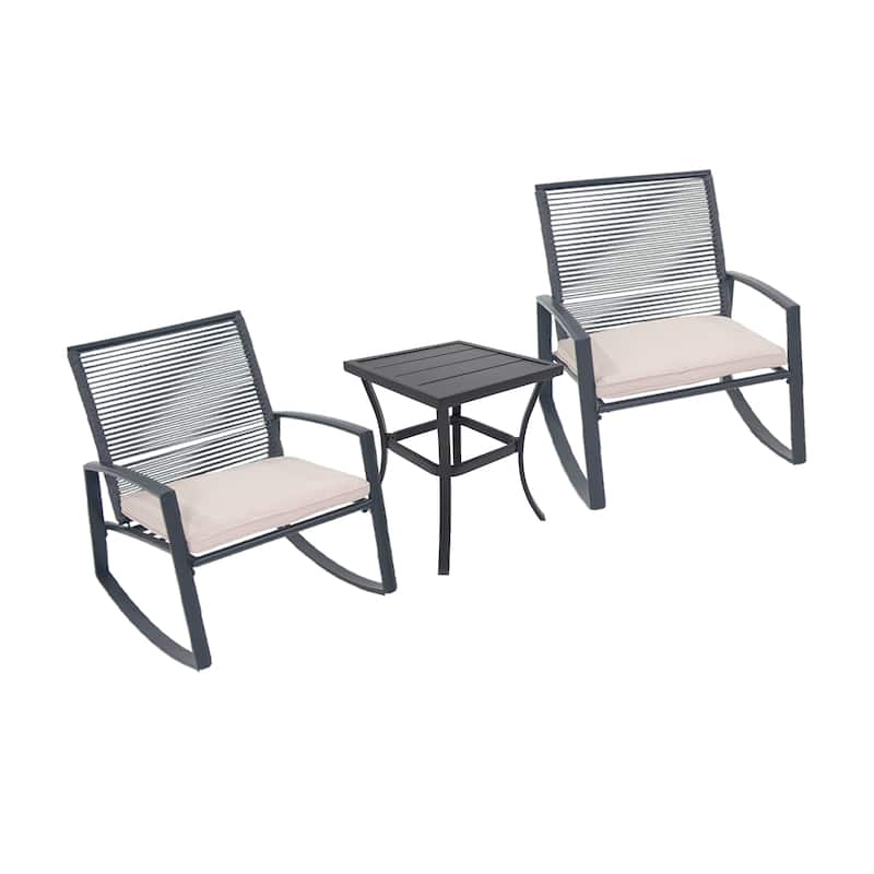 2-Person Outdoor Patio Bistro Metal Rocking Conversation Set With Table - Beige