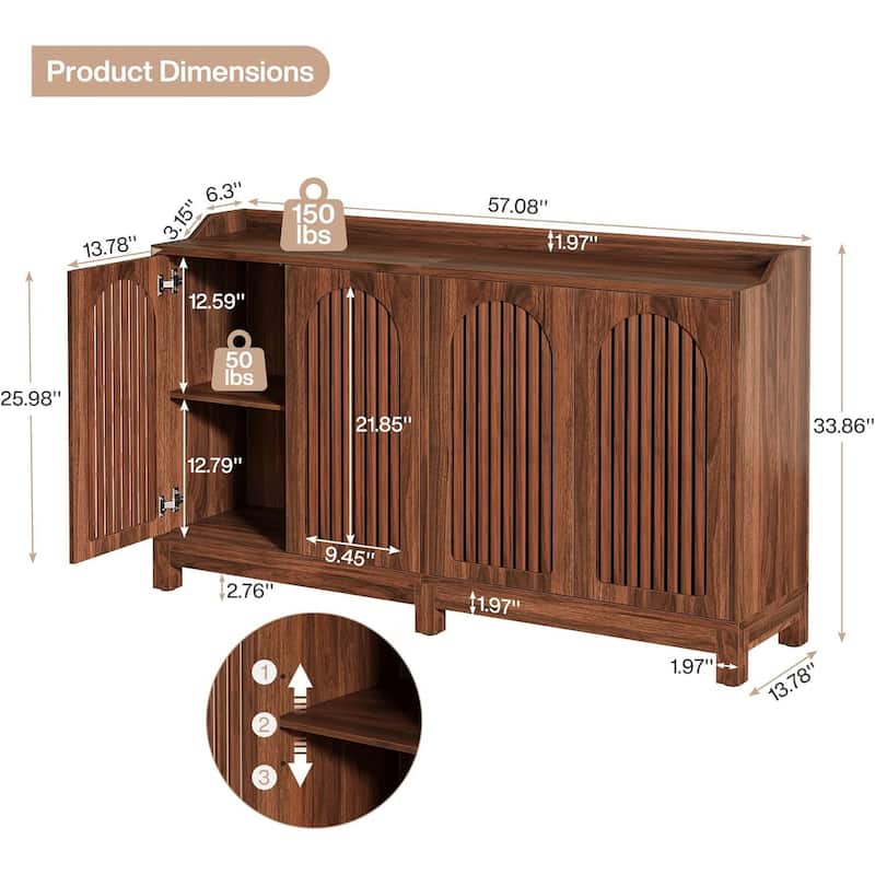 57" Kitchen Storage Cabinet with Vintage Shutter Doors and Adjustable Shelves Solid Wood Legs - 57" L x 13.8" W x 33.4" H