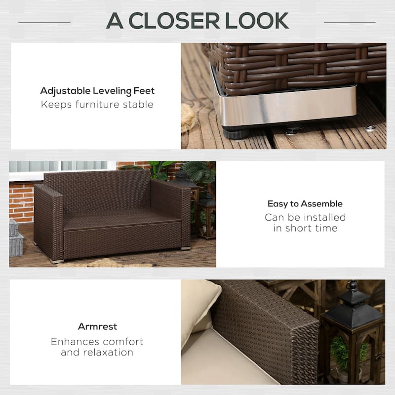 Outsunny Outdoor Wicker Loveseat, Patio Furniture Couch with Cushions, 2 Seats PE Rattan Sofa, 2 Throw Pillows