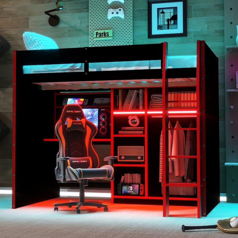 Full-Size Modern Gaming Wooden Loft Bed with RGB Lighting, Desk & Open Storage by Harper&Bright Designs - Red