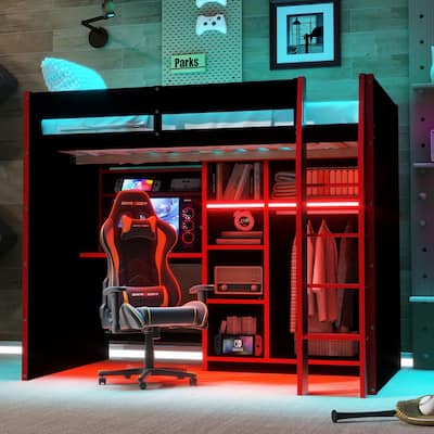 Full-Size Modern Gaming Wooden Loft Bed with RGB Lighting, Desk & Open Storage by Harper&Bright Designs