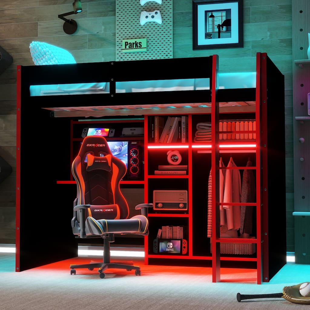 Full-Size Modern Gaming Wooden Loft Bed with RGB Lighting, Desk & Open Storage by Harper&Bright Designs