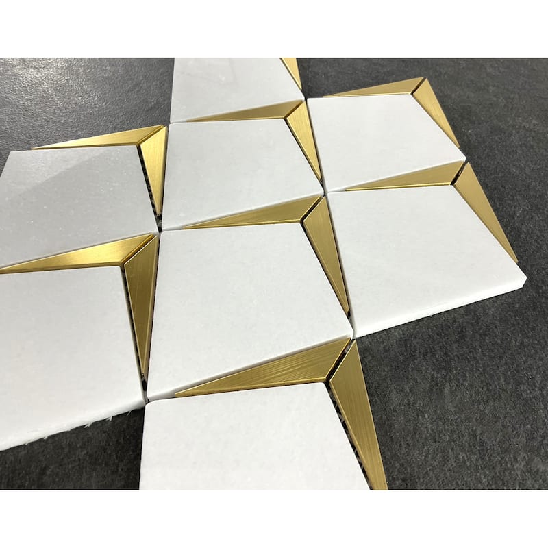 Thassos White Kite Shape With Gold Metal Mosaic Tile - Case (10 Sheets)