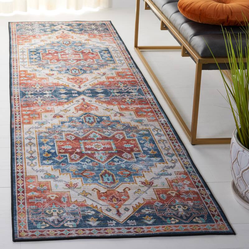 SAFAVIEH Tucson Machine Washable Slip Resistant Janeta Oriental Medallion - 2' 6" x 14' - Blue/Rust - Runner