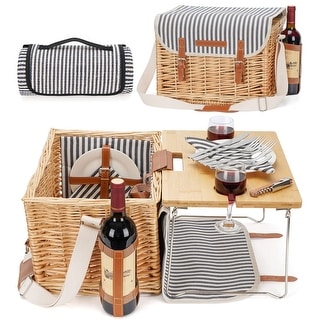 Wicker Picnic Basket for 2 with Detachable Table, Elasticated Wine ...