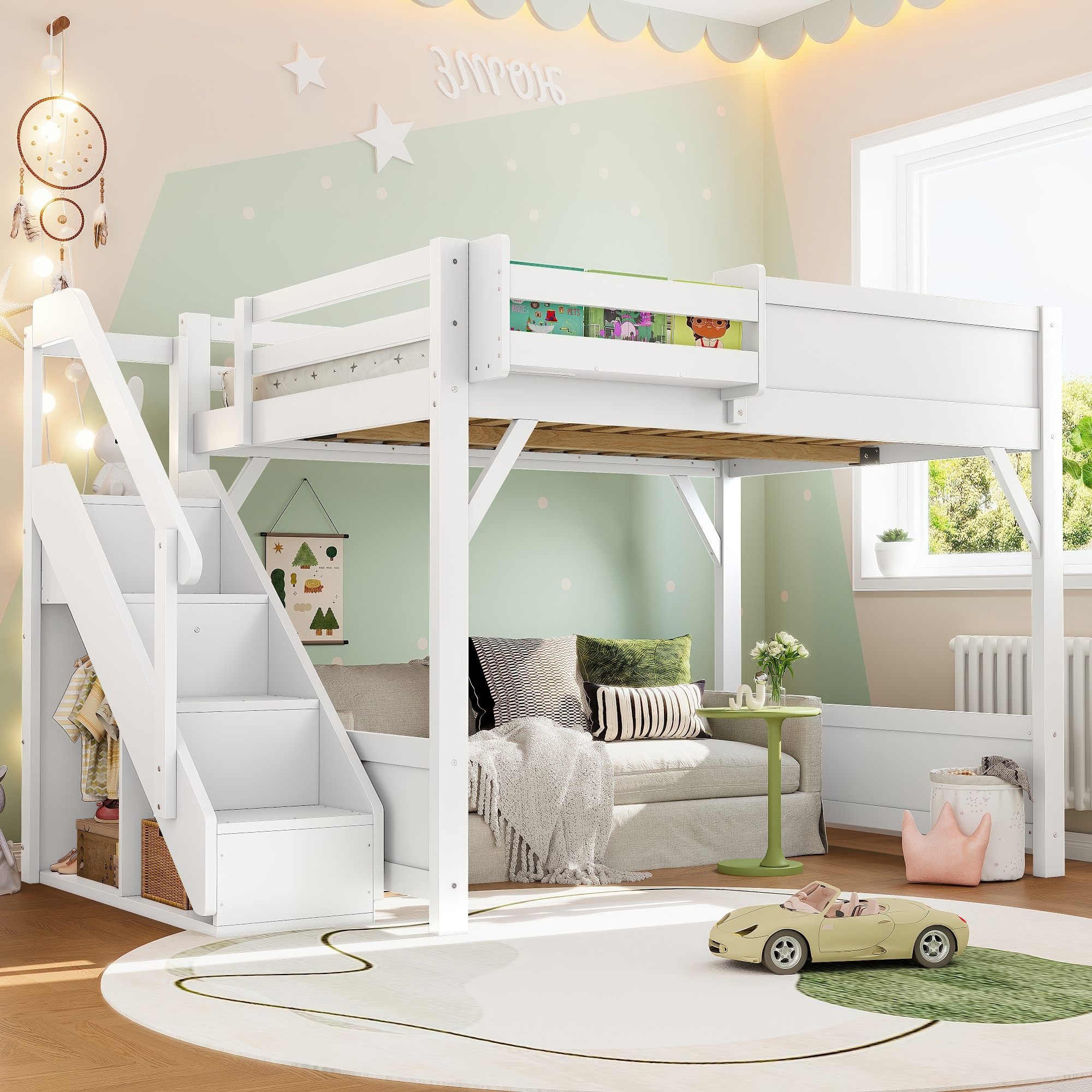 Full Size Loft Bed w/Built-in Wardrobe & Storage, Solid Wood, Side Shelves, Guardrails, Stairs, No Box Spring