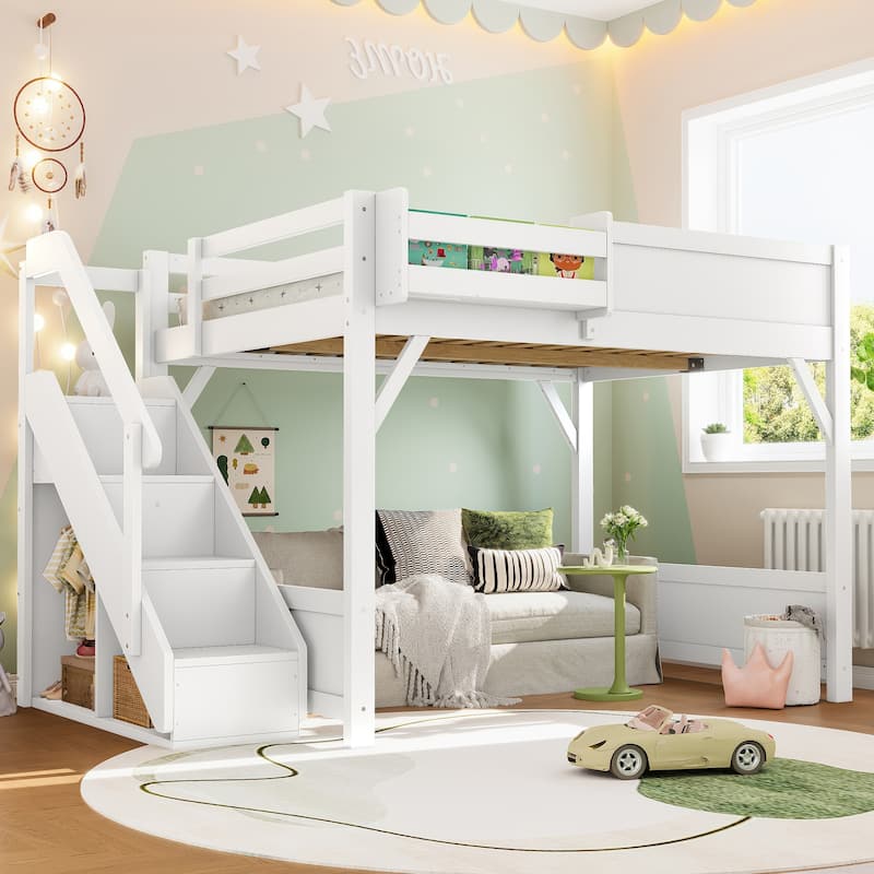 Full Size Loft Bed with Built-in Wardrobe and Storage Space, Solid Wood Loft Bed with Beside Shelves - Light White