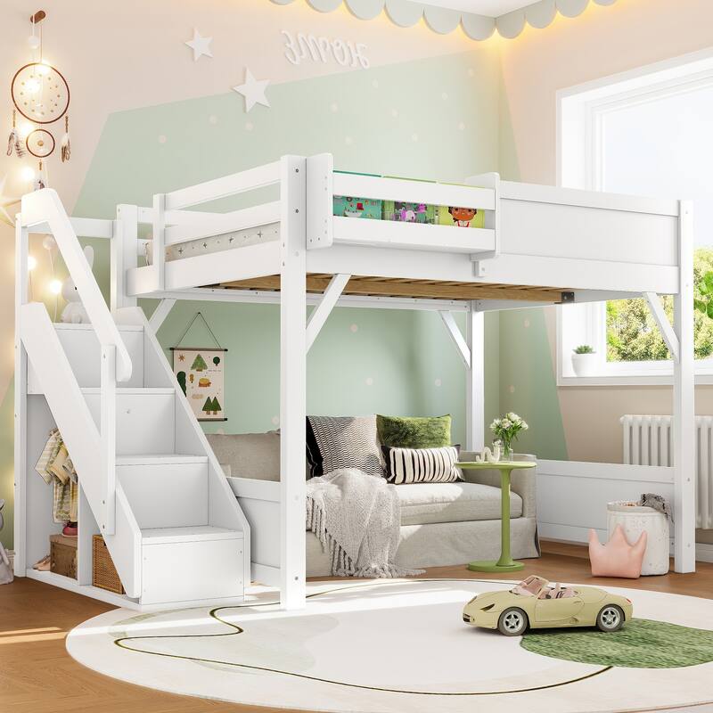 Kids Solid Wood Loft Bed Frame with Built-in Wardrobe, Storage Shelves, Full-length Guardrails and Stairs, No Box Spring Needed