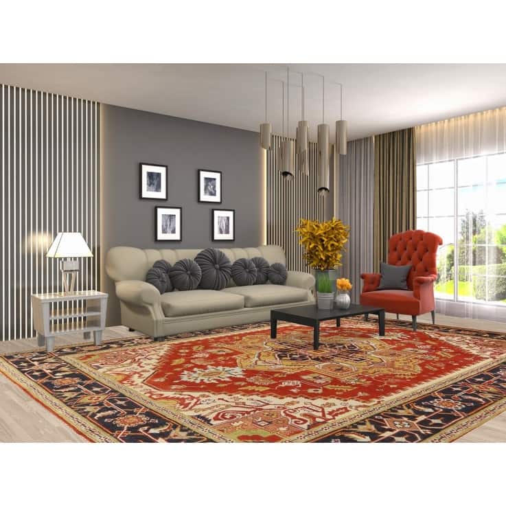 Hand Knotted Oriental 100% Wool Carpet Traditional Medallion Oranges & Rust Heriz (serapi) Area Rug - 11' 10'' X 8' 11''