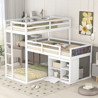 L-shaped Triple Twin Size Bunk Bed with Integrated Storage Cabinet and Blackboard, Built-in Ladder