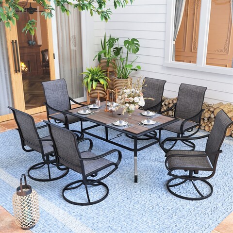 7 Pieces Metal Outdoor Dining Set, 6 Sling Dining Swivel Chairs and 60" x 37" Rectangular Table with Wood-Like Top