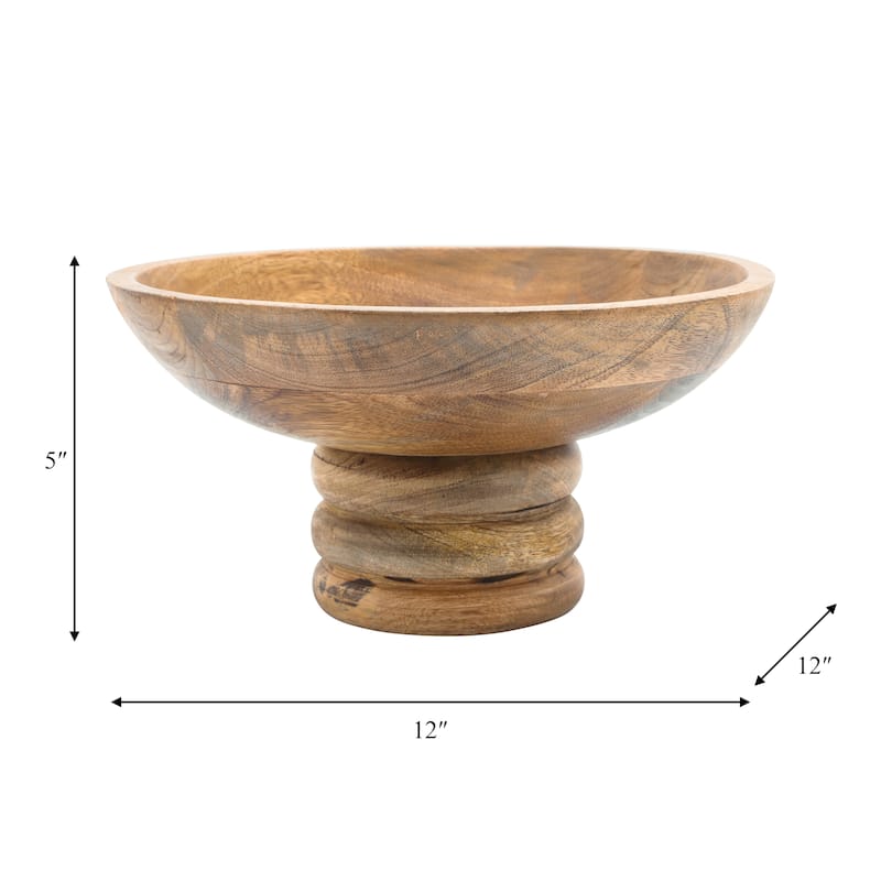 Handmade Wood Bowl with Turned Ring Pedestal, Decorative Kitchen and Home Decor, Natural, 12 L x 12 W x 5 H - 12" x 12" x 5"
