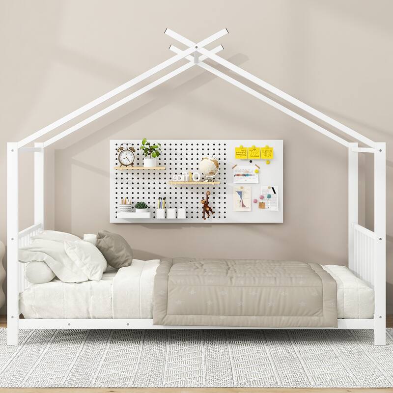 Twin Size Metal House Platform Bed with Roof Design, House Bed with Slats Support for Kids Teens