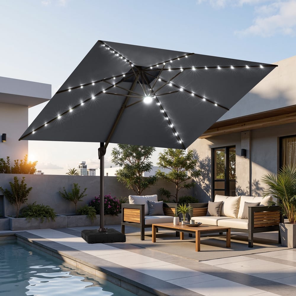 11 FT Outdoor Double Top Solar Powered LED Patio Cantilever Umbrella with Base