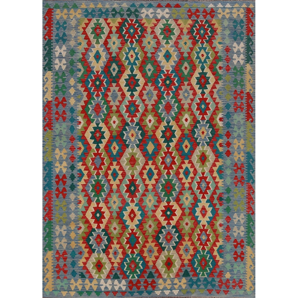 Hand Woven Oriental 100% Wool Carpet Southwestern Geometric Multi-Colored Kilim Area Rug - 8' 0'' X 5' 10''