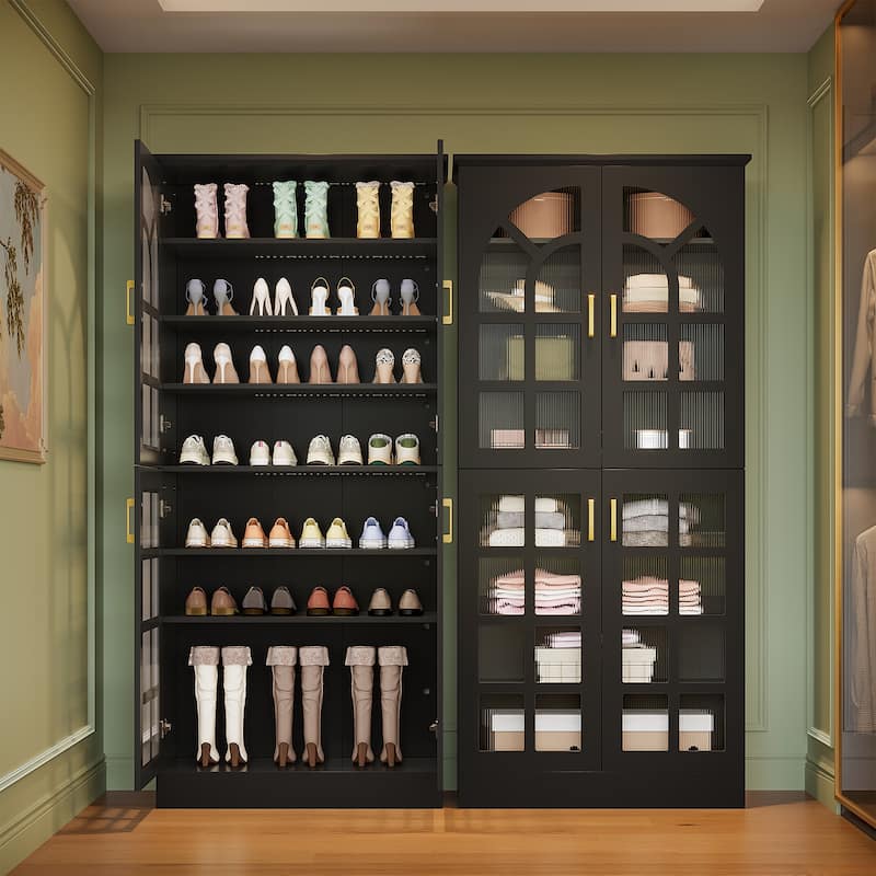 8-Tier Tall Shoe Cabinet with Doors & Led Lights and Adjustable Shelves - 2-Pieces(Black)