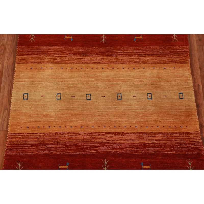 Hand Knotted Oriental 100% Wool Carpet Tribal Stripe Oranges & Rust Gabbeh Area Rug - 4' 10'' X 3' 1''