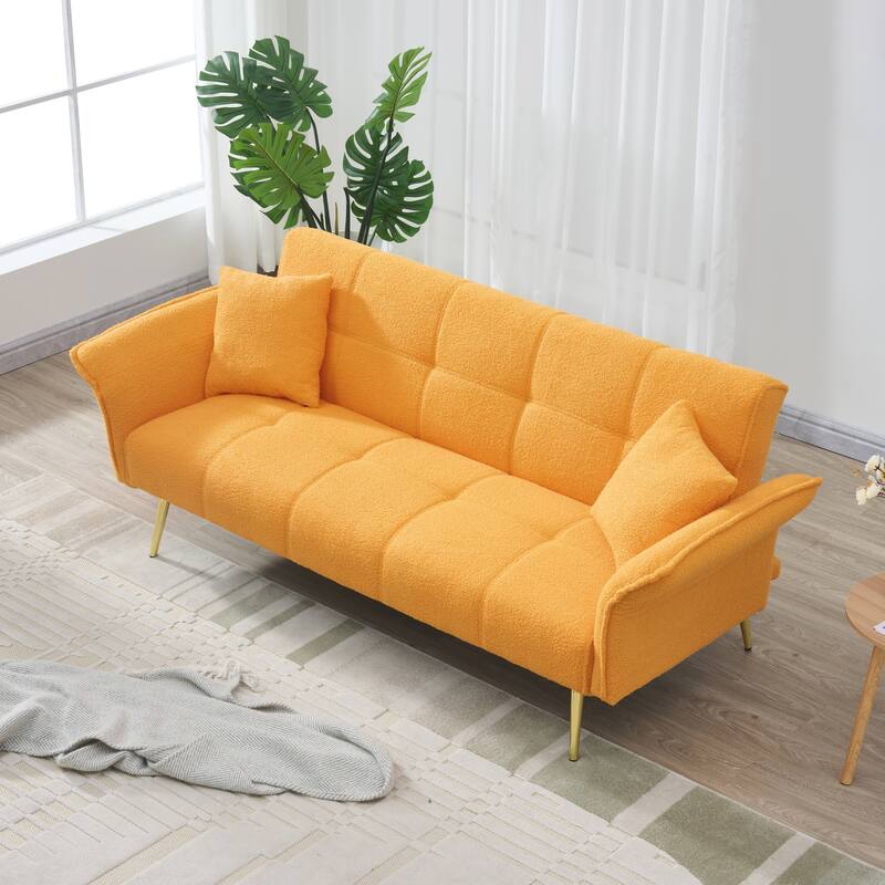Convertible Sofa Couch Sleeper Sofa with Adjustable Backrest, Yellow Velvet Folding Sofa Bed with Wood Frame