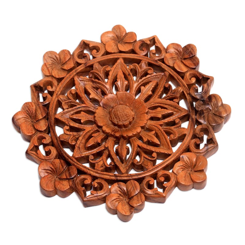 Novica Handmade Lotus And Plumeria Wood Relief Panel