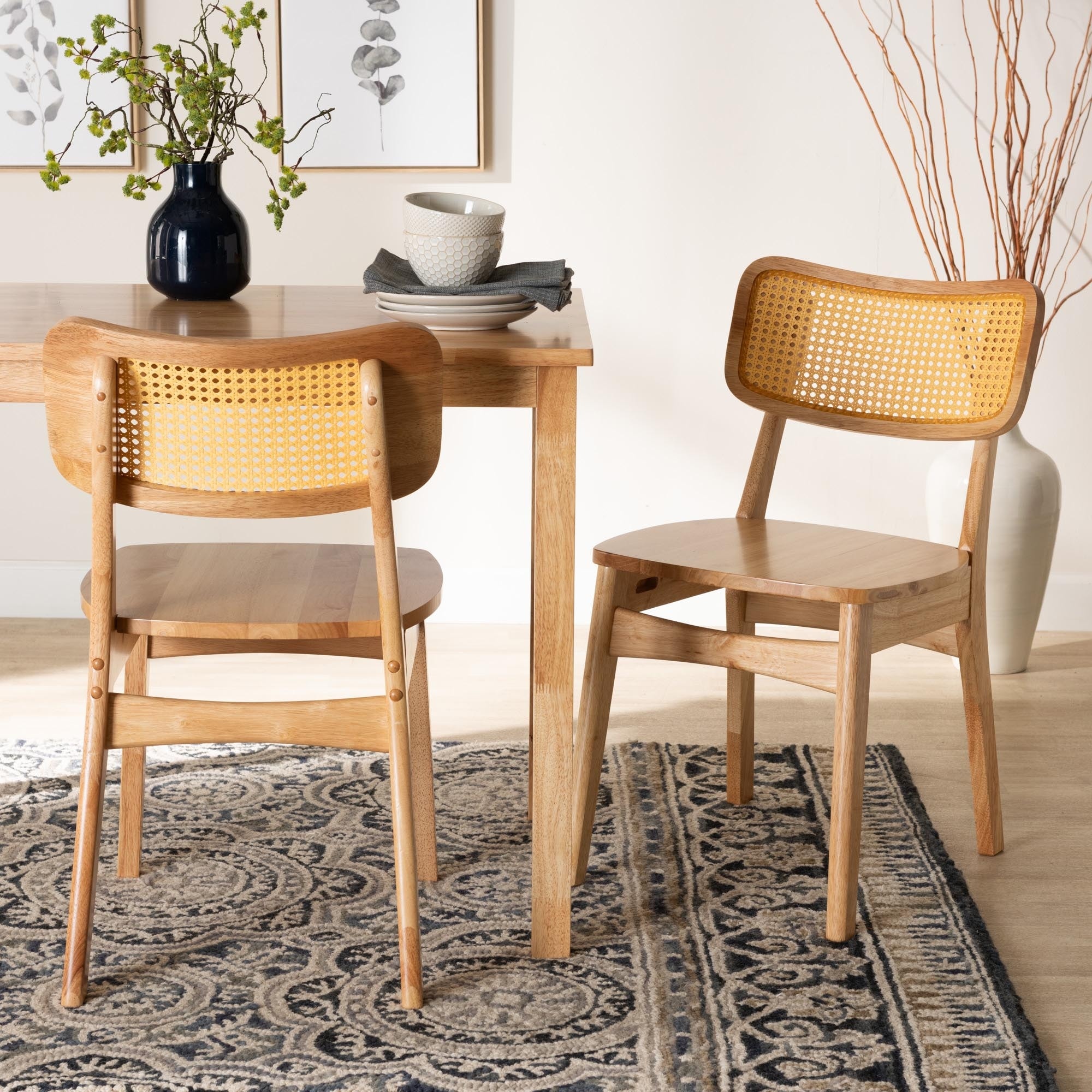 Tadeo Mid-Century Modern Oak Brown Finished Wood and Rattan 2-Piece Dining Chair Set