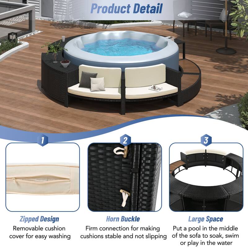 Outdoor Patio Rattan Furniture Set, All Weather Round Conversation Sofa Set with Acacia Wood Seat and Waterproof Cushion