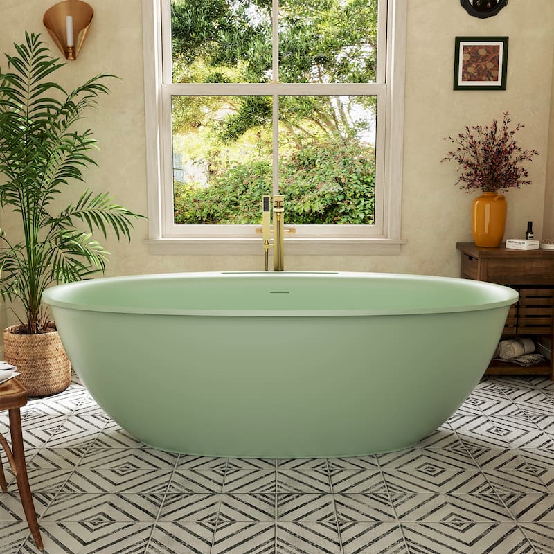 Luxury Flatbottom Solid Surface Freestanding Soaking Bathtub with Discreet Towel Slot and Drain Assembly