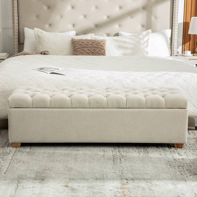 60.2" Chenille Upholstered Storage Bench with Flip-Top & Soft-Close Hinges