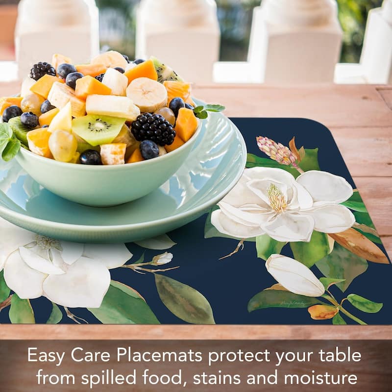 Magnolia in Bloom 4 Pack Reversible Easy Care Flexible Plastic Placemats Made in The USA BPA Free Easily Wipes Clean