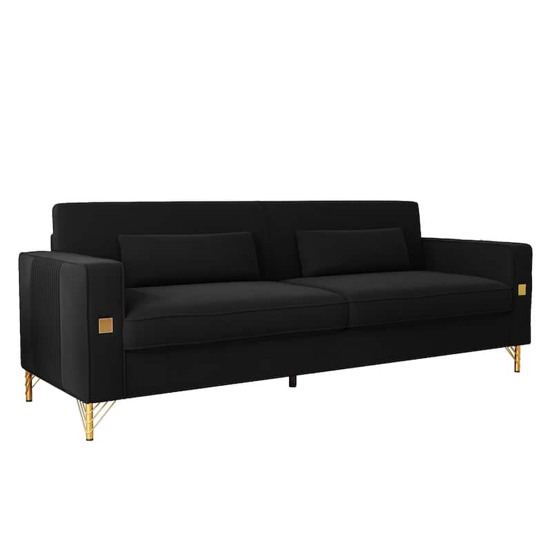Roomfitters Mid-Century Modern Upholstered Sofa with Gold Metal Legs and Square Arms, Elegant Couch for Living Room