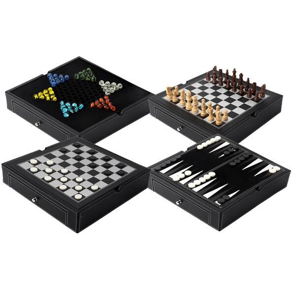 slide 2 of 7, GSE™ 12.5" Premium Leather 4-in-1 Chess, Checkers, Backgammon and Chinese Checkers Board Game Combo Set