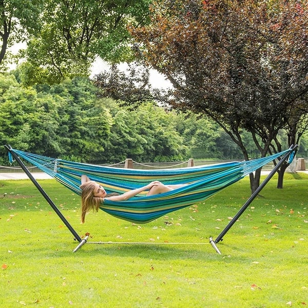 slide 2 of 88, Double Cotton Hammock with Space Saving Steel Stand