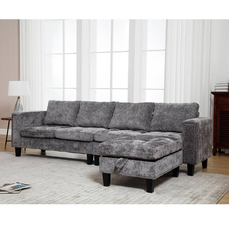 Grey 104.5'' L-Shaped Modular 5 Seat Sectional Sofa with Storage Ottoman, Reversible Chaise and 4 Back Cushions
