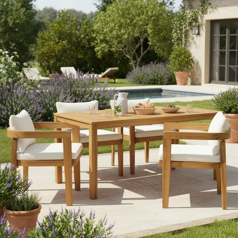 Christopher Knight Home - Solid Acacia Wood Outdoor Patio Dining 5/7-Piece Set with Cushions & Umbrella Hole