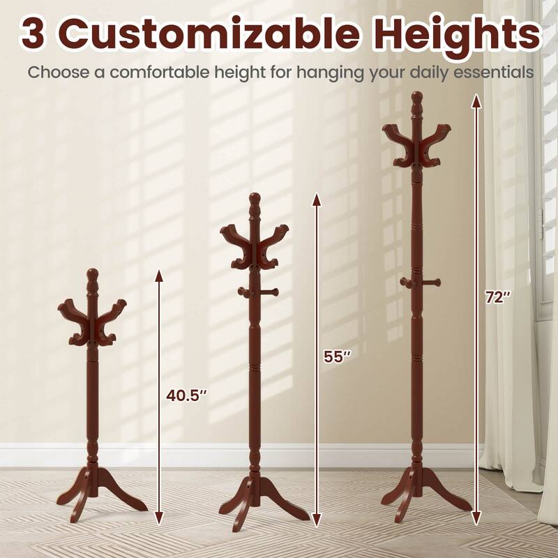 Costway Solid Rubber Wood Coat Rack with 3 Adjustable Heights and 11 - See Details