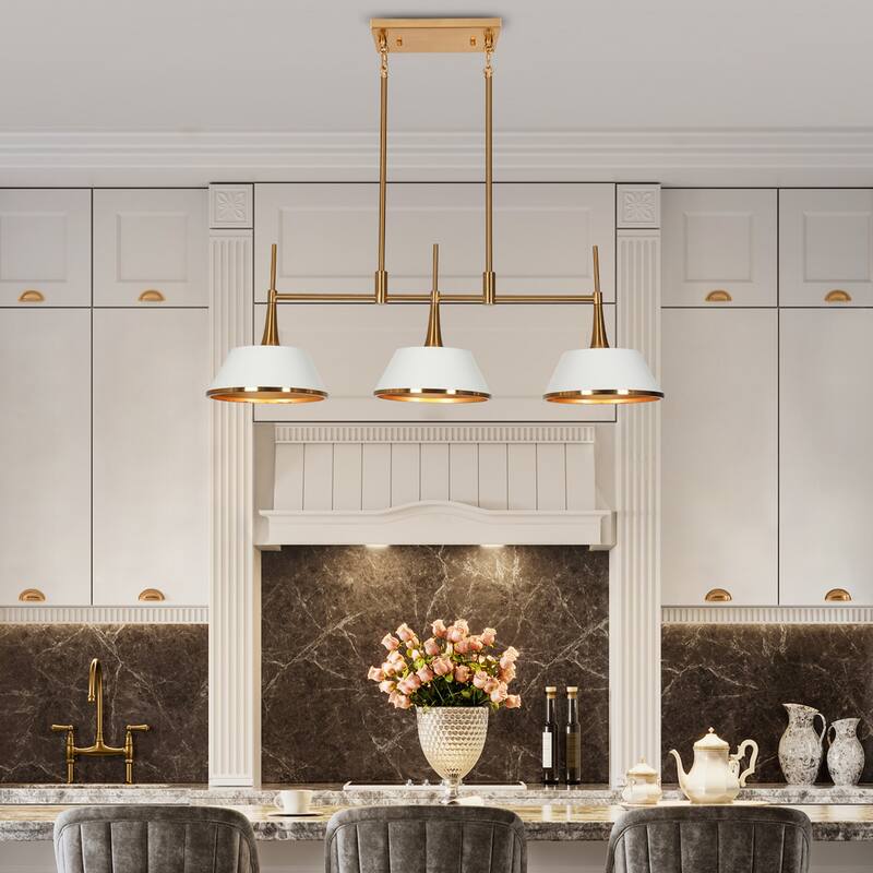 Nisa Modern Gold 3-Light Chandelier Linear Cone Metal Kitchen Island Lights - 34.5'' L x 9'' W x 12'' H