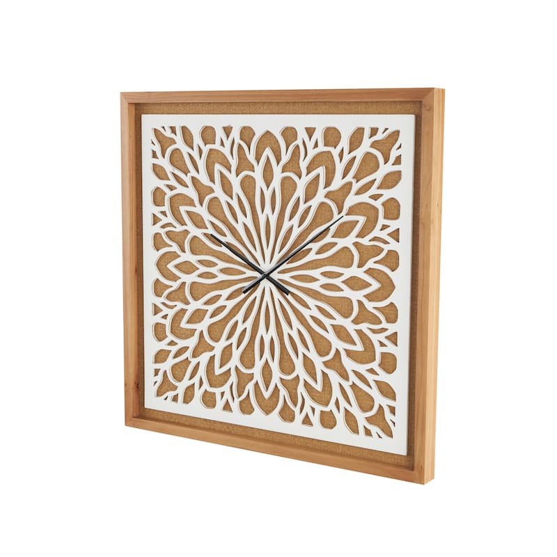 Wood Floral Decorative Wall Clock with White Cutout Board - Brown - Roche River Decor