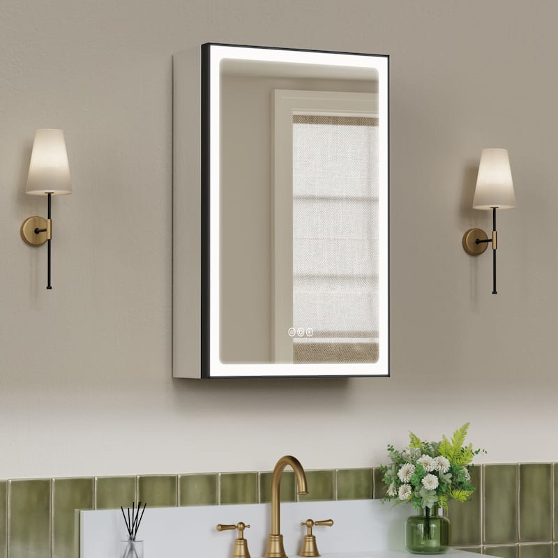 Grand Aluminum Medicine Cabinet with Mirror, Adjustable Shelves, Dimmable Light, Anti-Fog, Recessed or Wall Mount - 14"W x 24"H