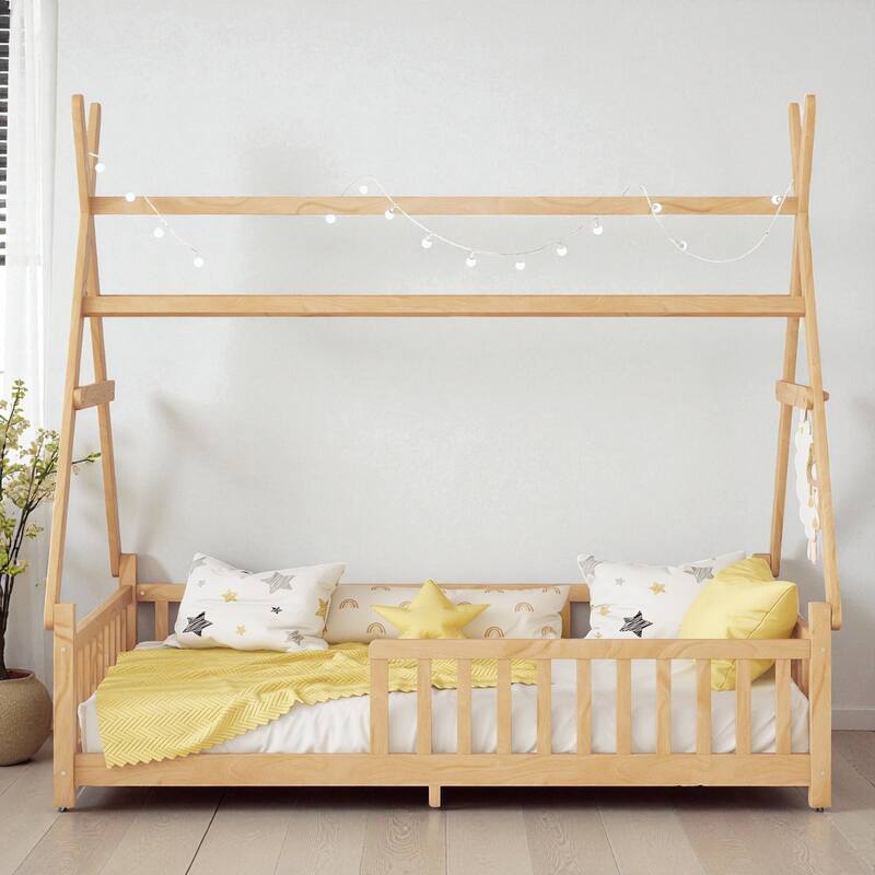 Twin/Full Size House Bed with LED Light and Fence, Wooden Low Floor Kids Bed Frame with Roof for Boys and Girls