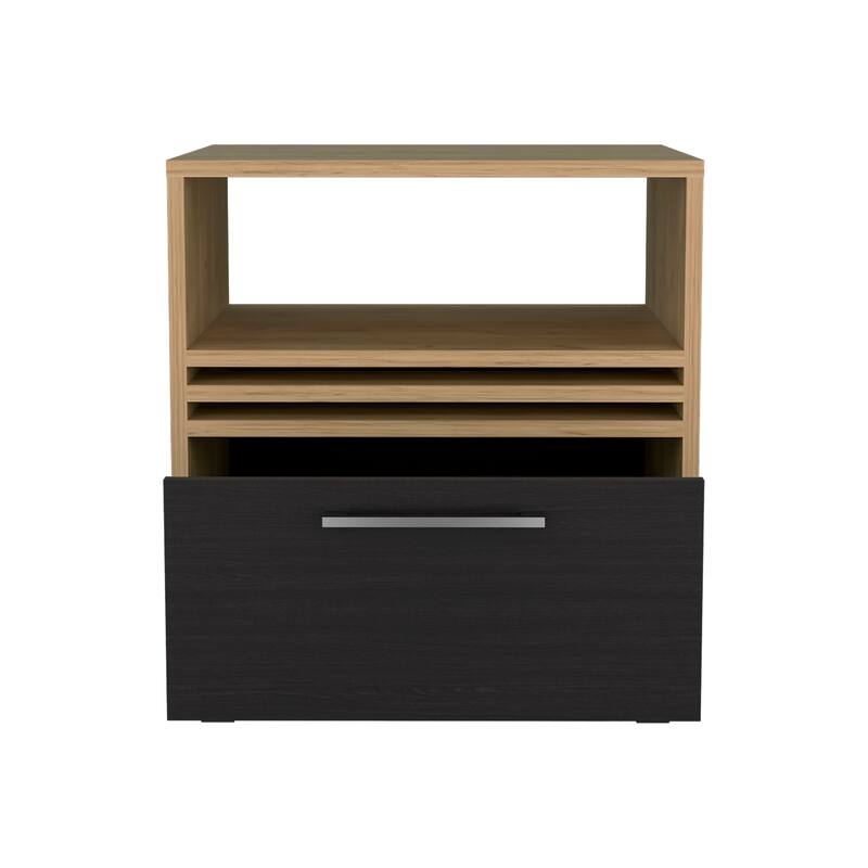 Natural Oak Nightstand with Drawer, Wheels, and Shelf for Modern Bedrooms