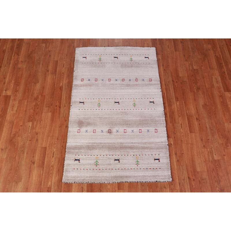 Hand Knotted Oriental 100% Wool Carpet Tribal Animal Pictorial Beige & Ivories Gabbeh Area Rug - 5' 0'' X 3' 0''
