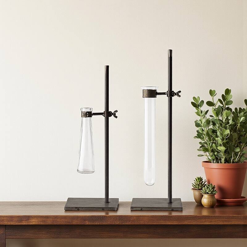 HomeRoots Set of Two Dark Brown Abstract Metal Cylinder Table Vases - 5" W x 13" H x 5" D