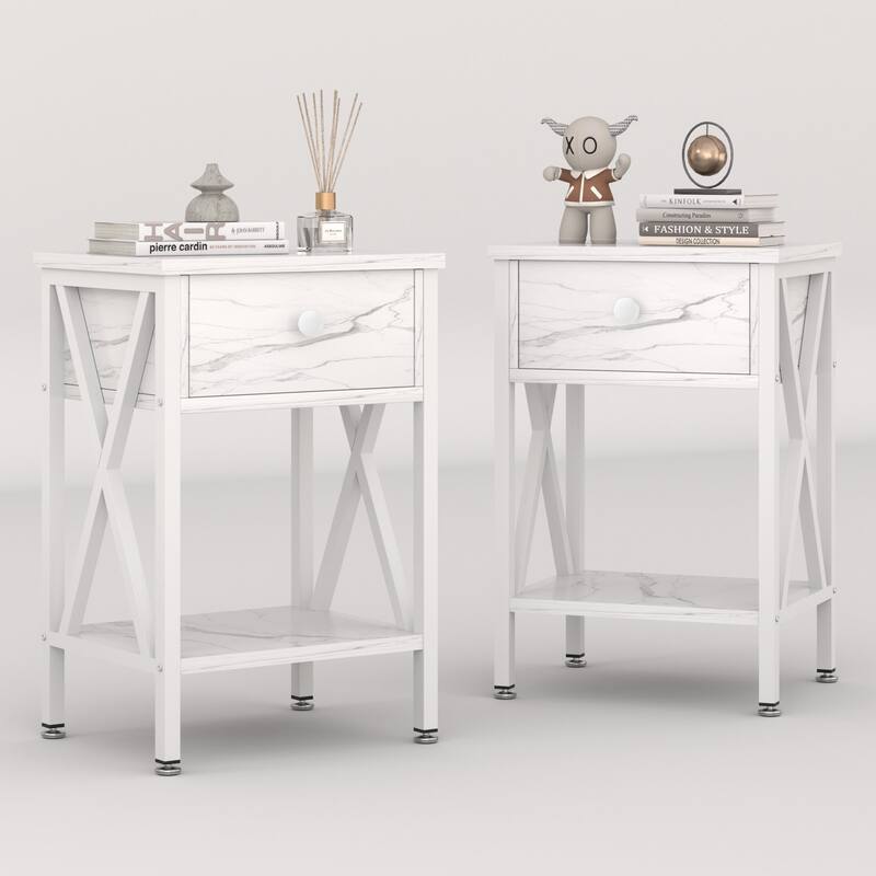 Javlergo Set of 2 Nightstand with 1 Drawer and Storage Shelf, End Table Bedside Table for Bedroom Living room Office - Marble
