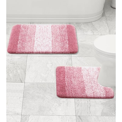 Large 2 Piece Rose Pink Ombre Microfiber Soft Thick Plush Bath Mat Set
