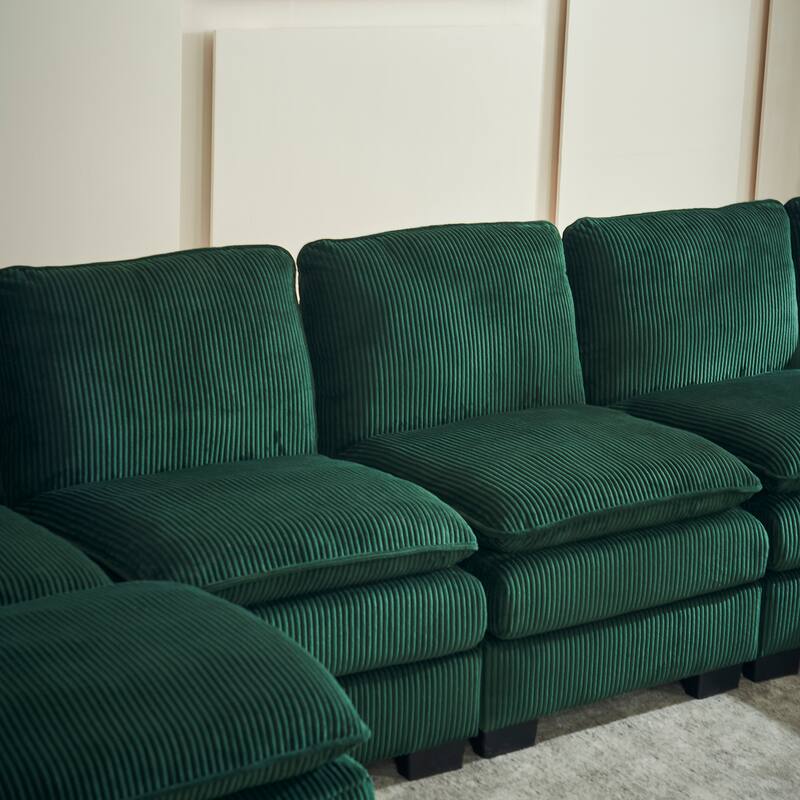 Modern U Shaped 6-seat Sectional Corduroy Sofa Couch with one Ottoman and three toss pillows ,Modular Sofa for Living Room