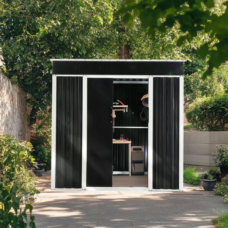 6 x 4 Ft Outdoor Storage Shed Black Galvanized Iron Garden Tool Organizer with Locking Sliding Doors - 75.6" x 49" x 73.2"