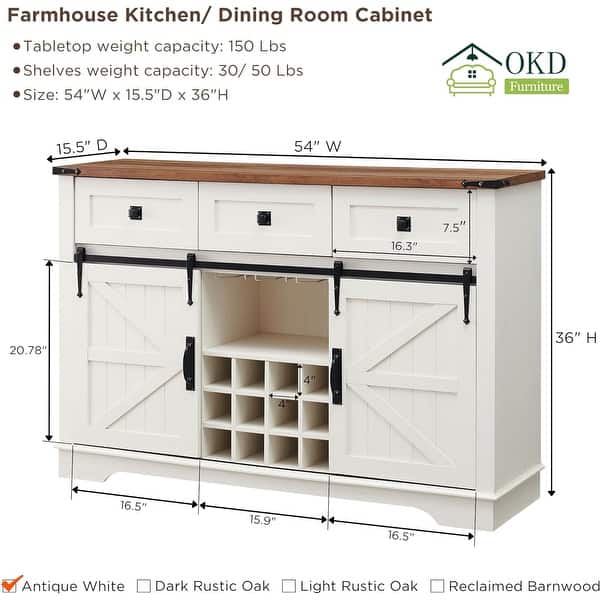 dimension image slide 4 of 6, Farmhouse Bar Cabinet, Coffee/Wine Bar Cabinet w/Wine & Glass Rack